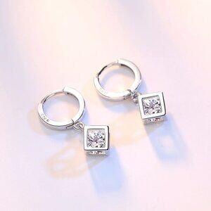 925 Sterling Silver Crystal Hollow Square Box Drop Earrings